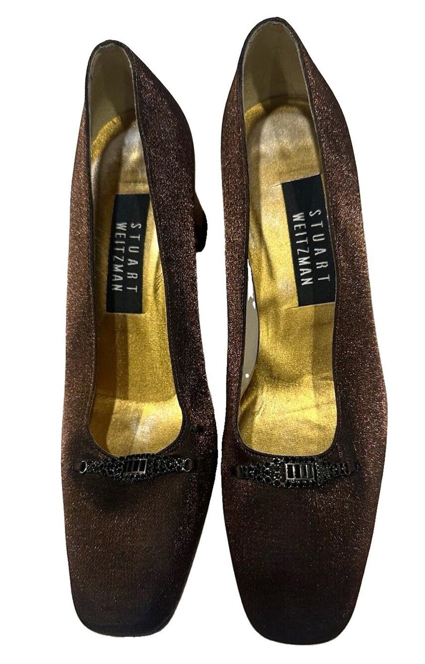 Vintage Stuart Weitzman Brown Leather Square Toe Block Heel Pumps Sz 7B